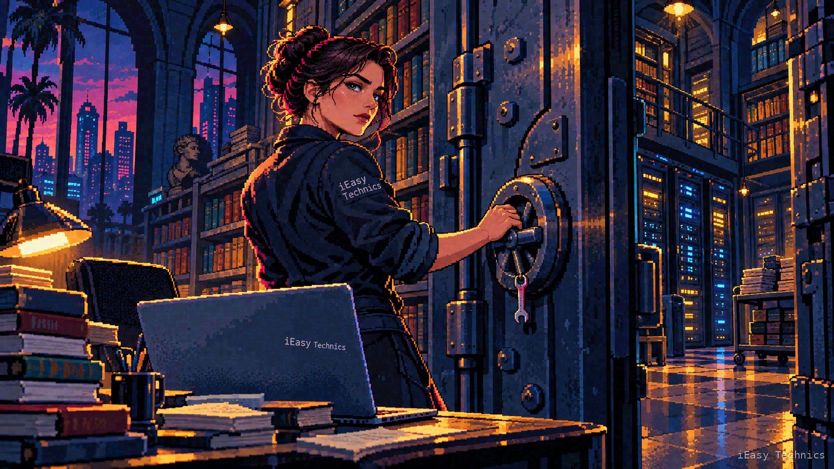Администратор закрывает хранилище цифровой библиотеки с книгами и серверными стойками на проверку безопасности.