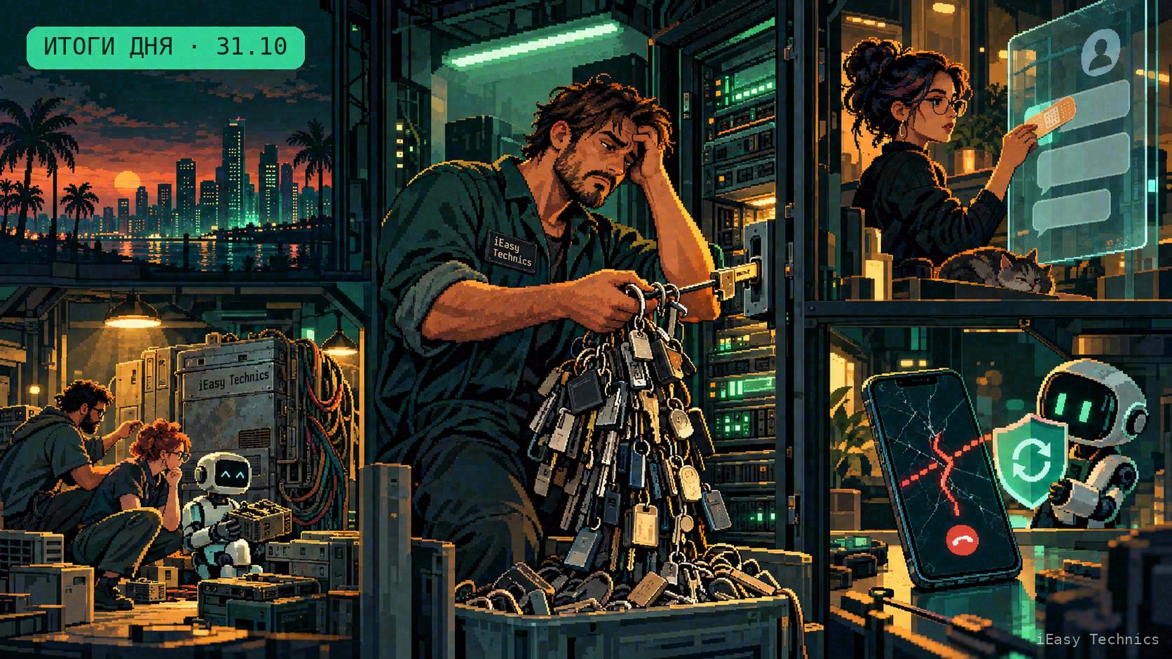 Пиксельная вечерняя витрина: инженер меняет ключи серверов, рядом показаны защита звонков Android, закрытие доступа к переписке и переработка старого кода с ИИ