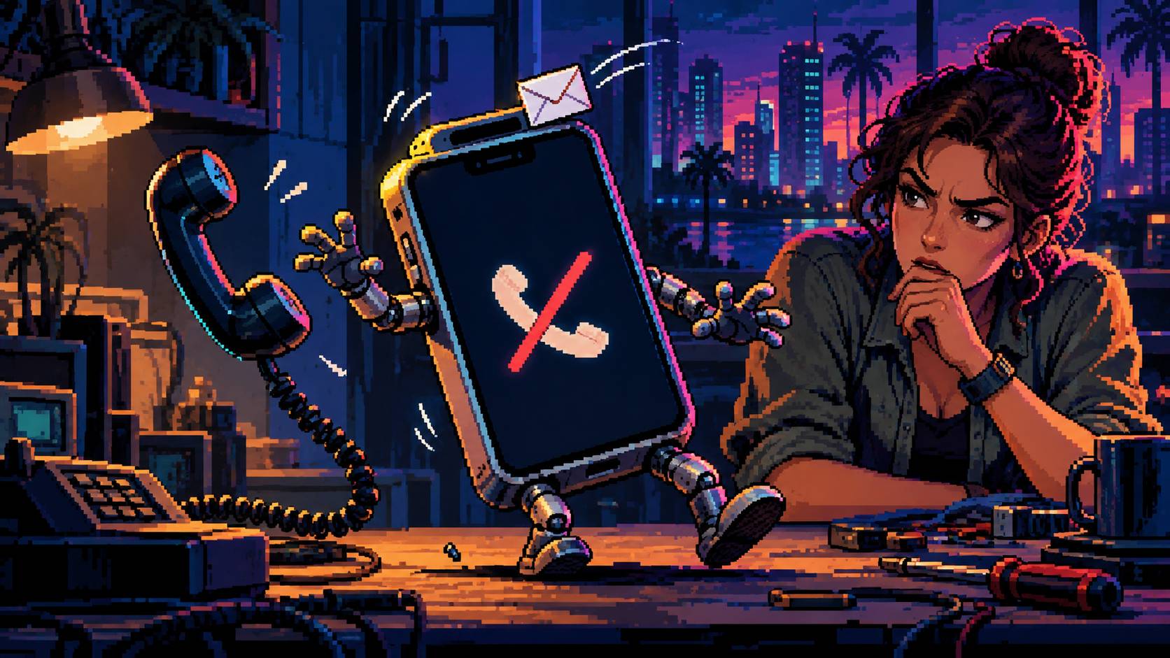 Пиксельная иллюстрация: крошечный конверт выводит из равновесия смартфон, у которого обрывается телефонное соединение; инженер наблюдает за сбоем.