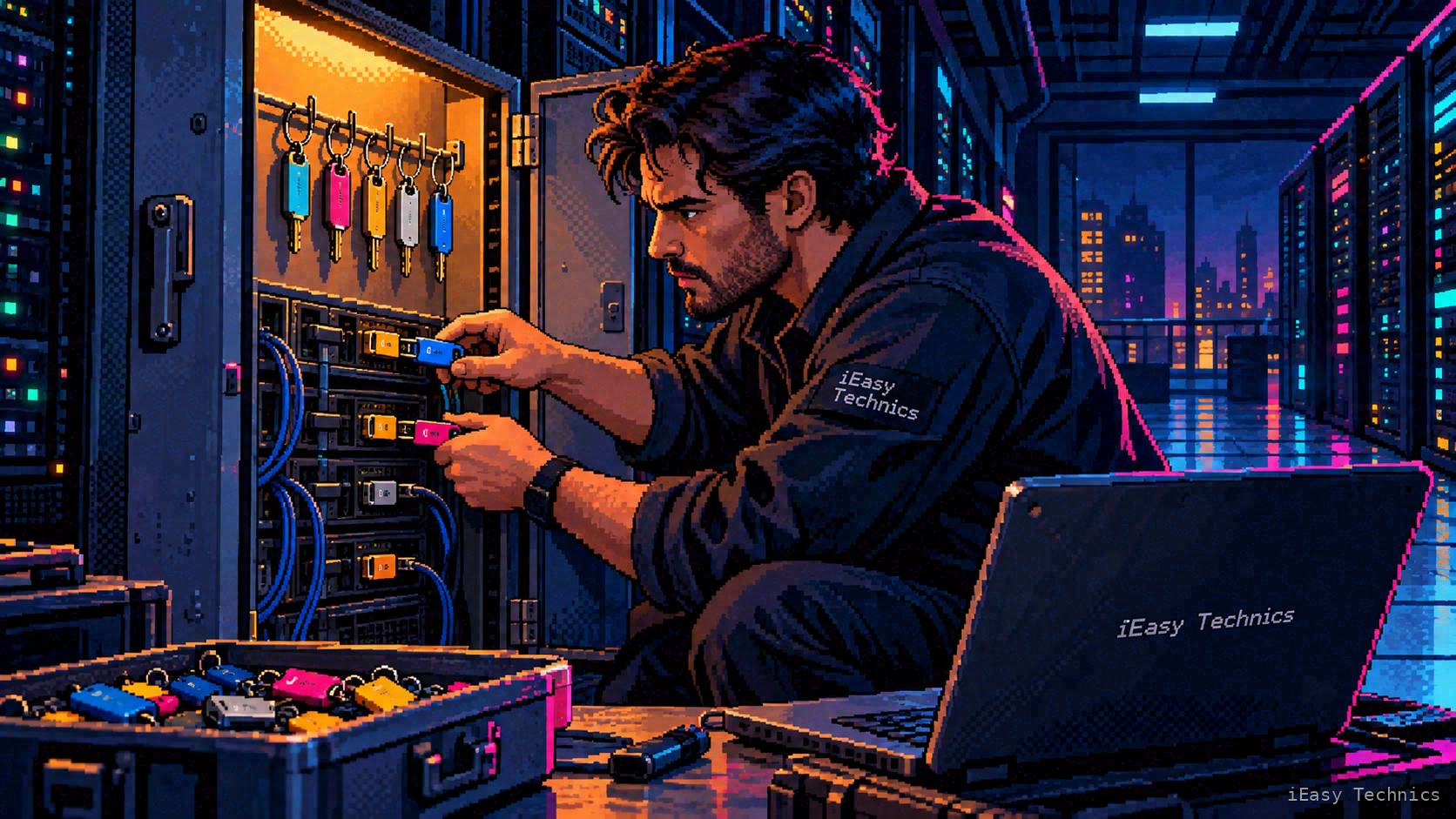 Инженер срочно заменяет ключи в открытом серверном шкафу — метафора смены секретов облачных приложений.